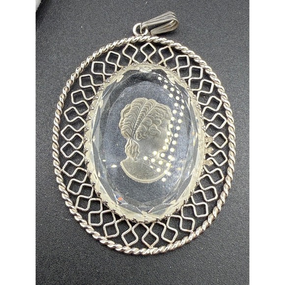 cameo Jewelry - Vintage Cameo Pendant Intaglio Reverse Carved Silver Tone